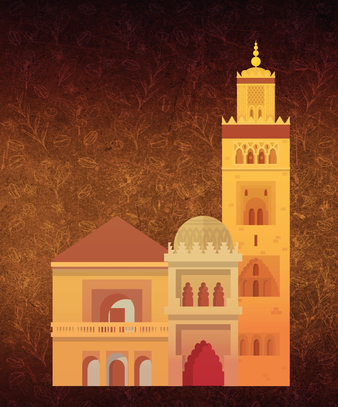 Illustration: the Koutoubia and Marrakech landmarks over tea leaves and coffee beans
