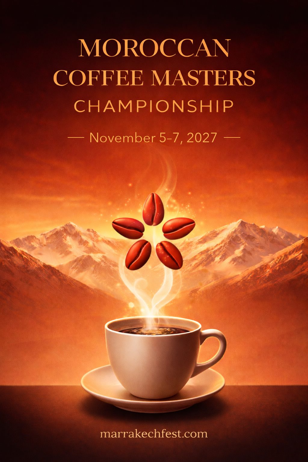 ملصق بطولة Moroccan Coffee Masters: خمس حبات بن فوق فنجان أمام جبال الأطلس — 5-7 نونبر 2027