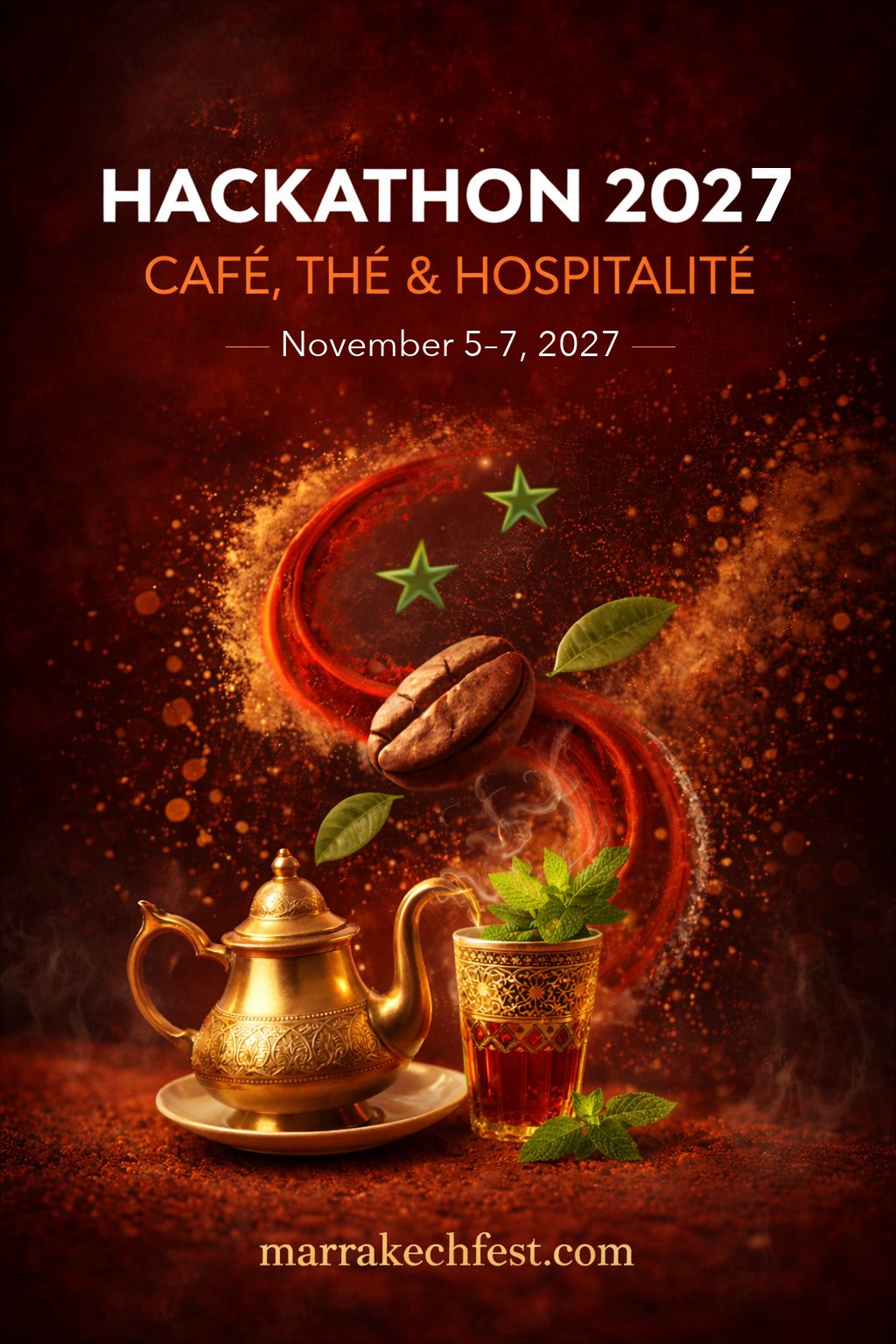 Affiche du Hackathon 2027 Café, Thé et Hospitalité : grain de café, théière et verre de thé à la menthe