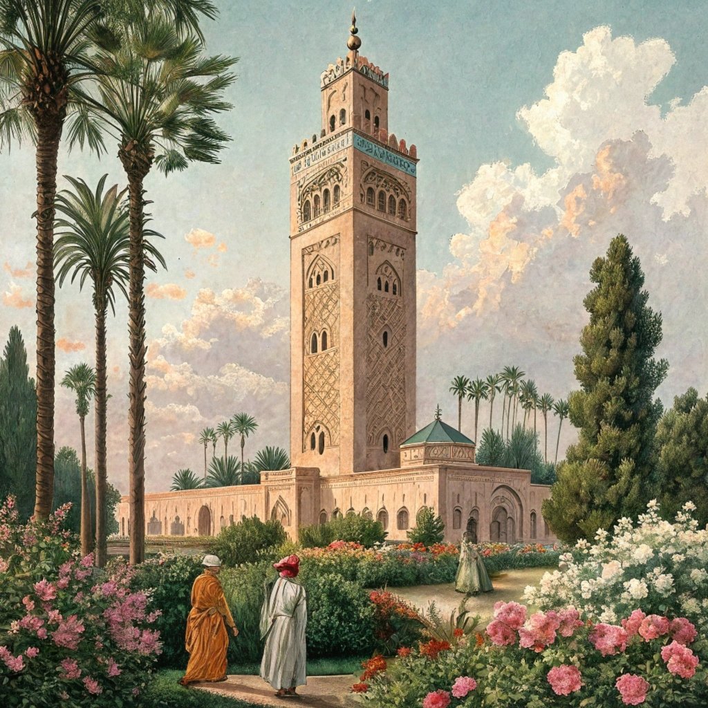 مسجد الكتبية وصومعته بين أشجار النخيل والحدائق المزهرة